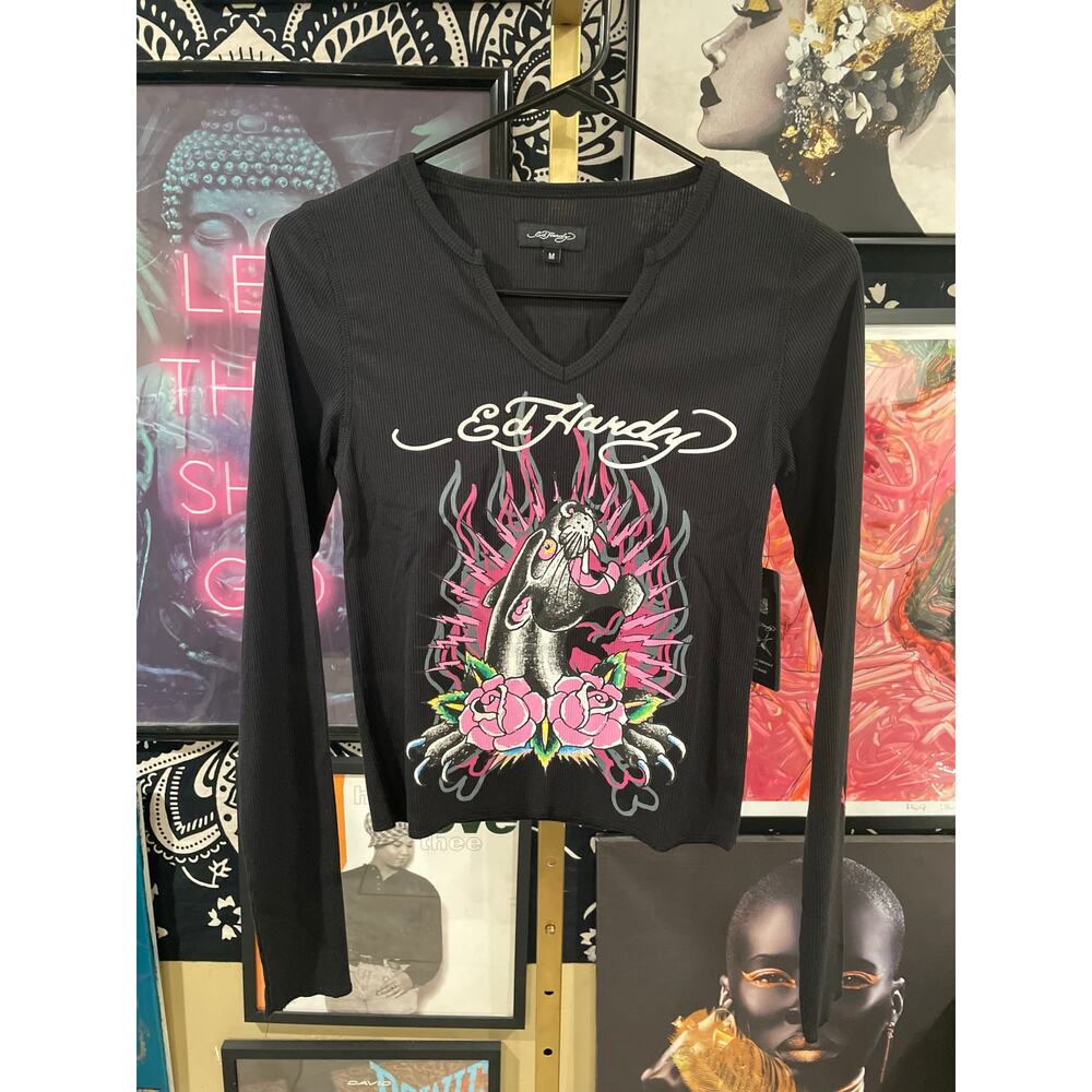Deadstock Ed Hardy Y2K Black Panther Ribbed V Neck Long Sleeve, Size Large